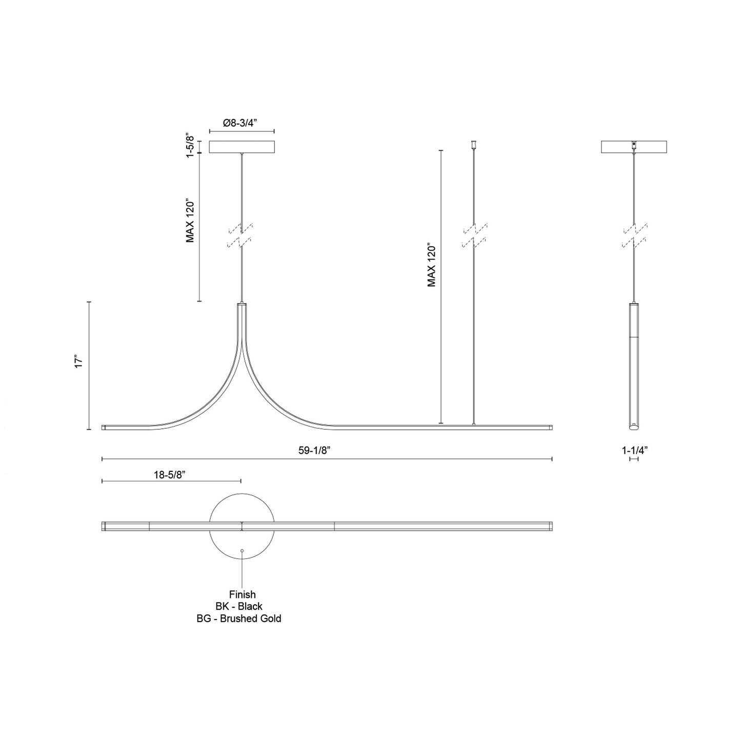 Thread Linear LED Pendant Light - line drawing.