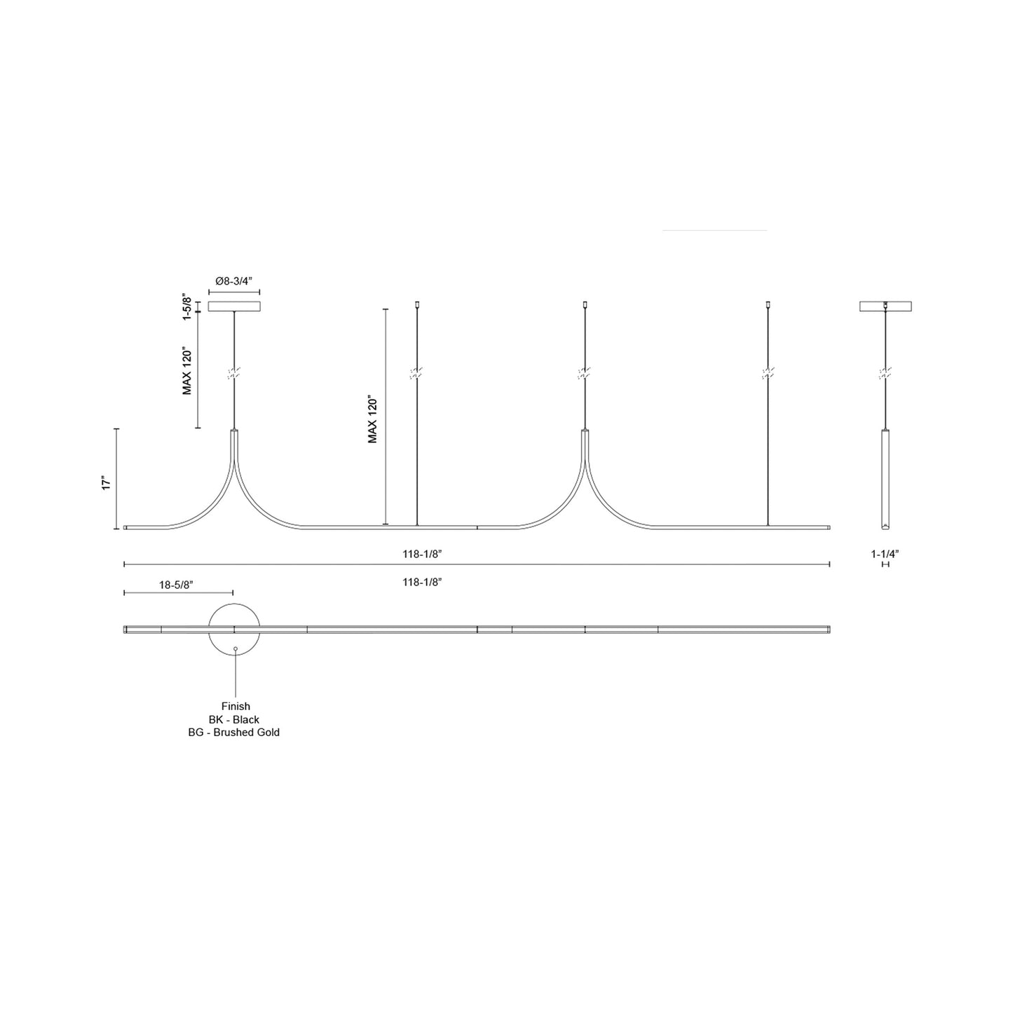 Thread Linear LED Pendant Light - line drawing.