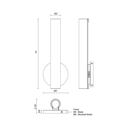 Tole Vertical LED Bath Wall Light - line drawing.