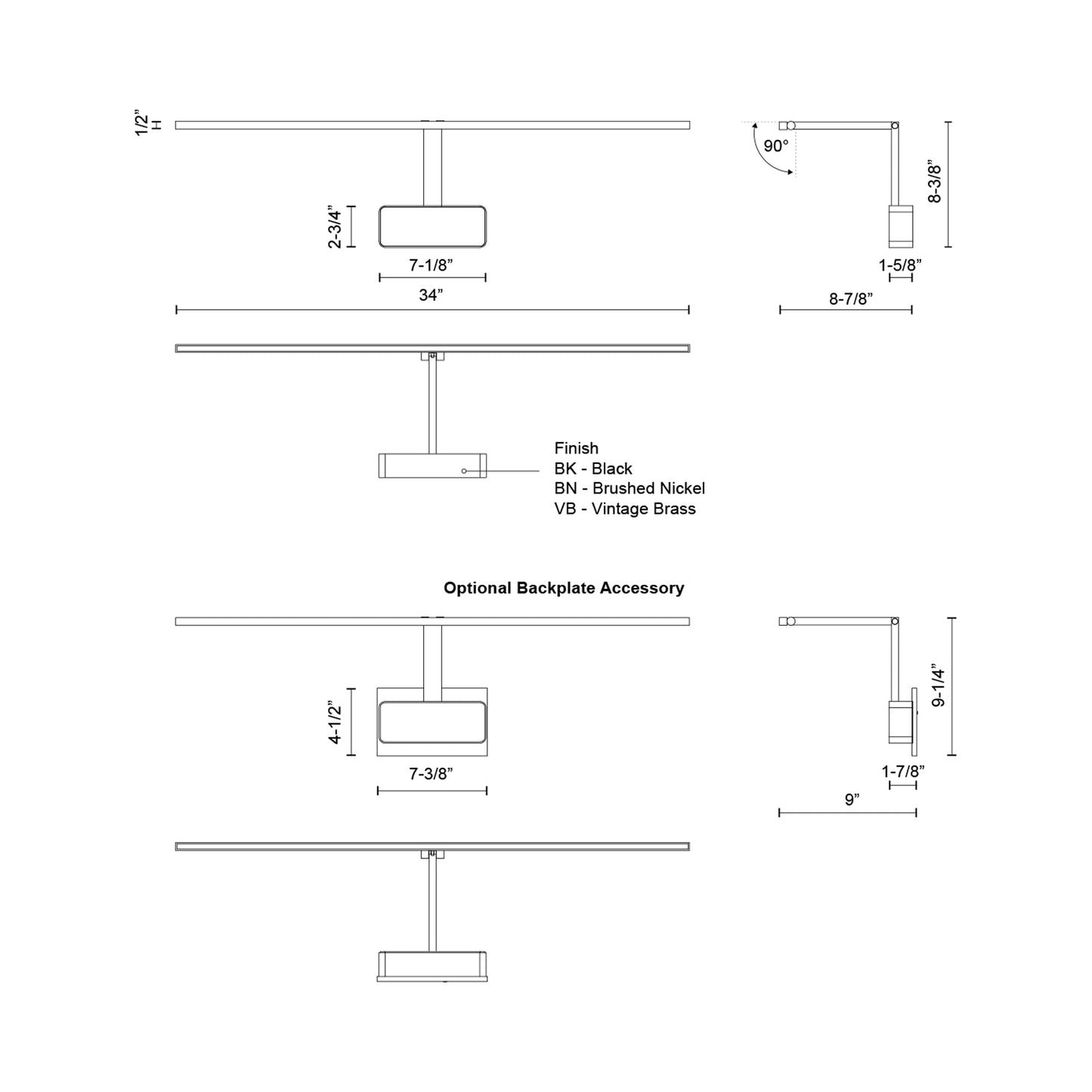Vega Minor LED Picture Light - line drawing.