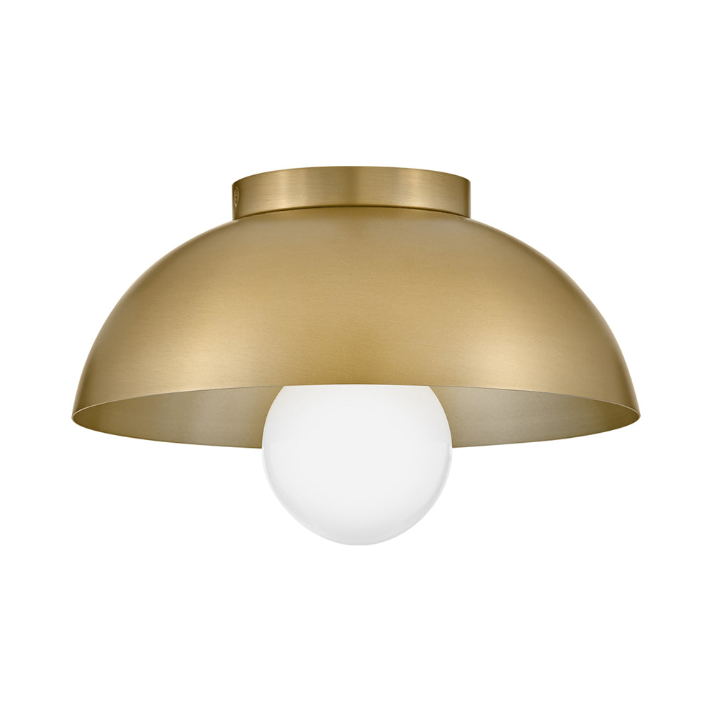 Stu Flush Mount Ceiling Light in Lacquered Brass.