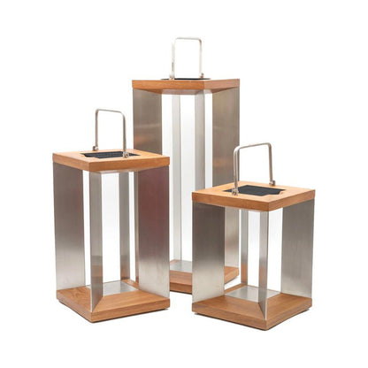 Blade 2.0 Outdoor Solar LED Lantern in Stainless Steel/Teak (14-Inch/18-Inch/26-Inch).