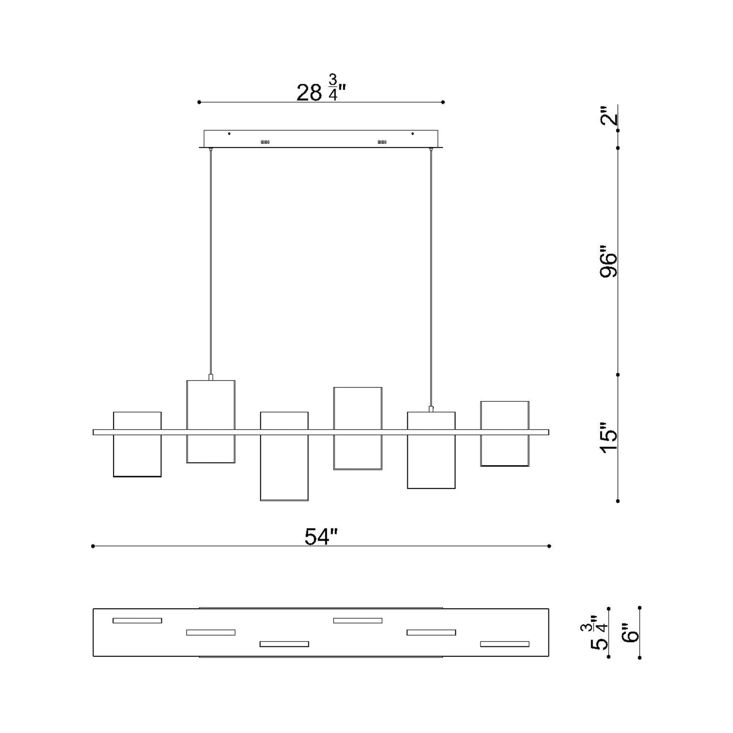 Affilato Linear LED Chandelier - line drawing.