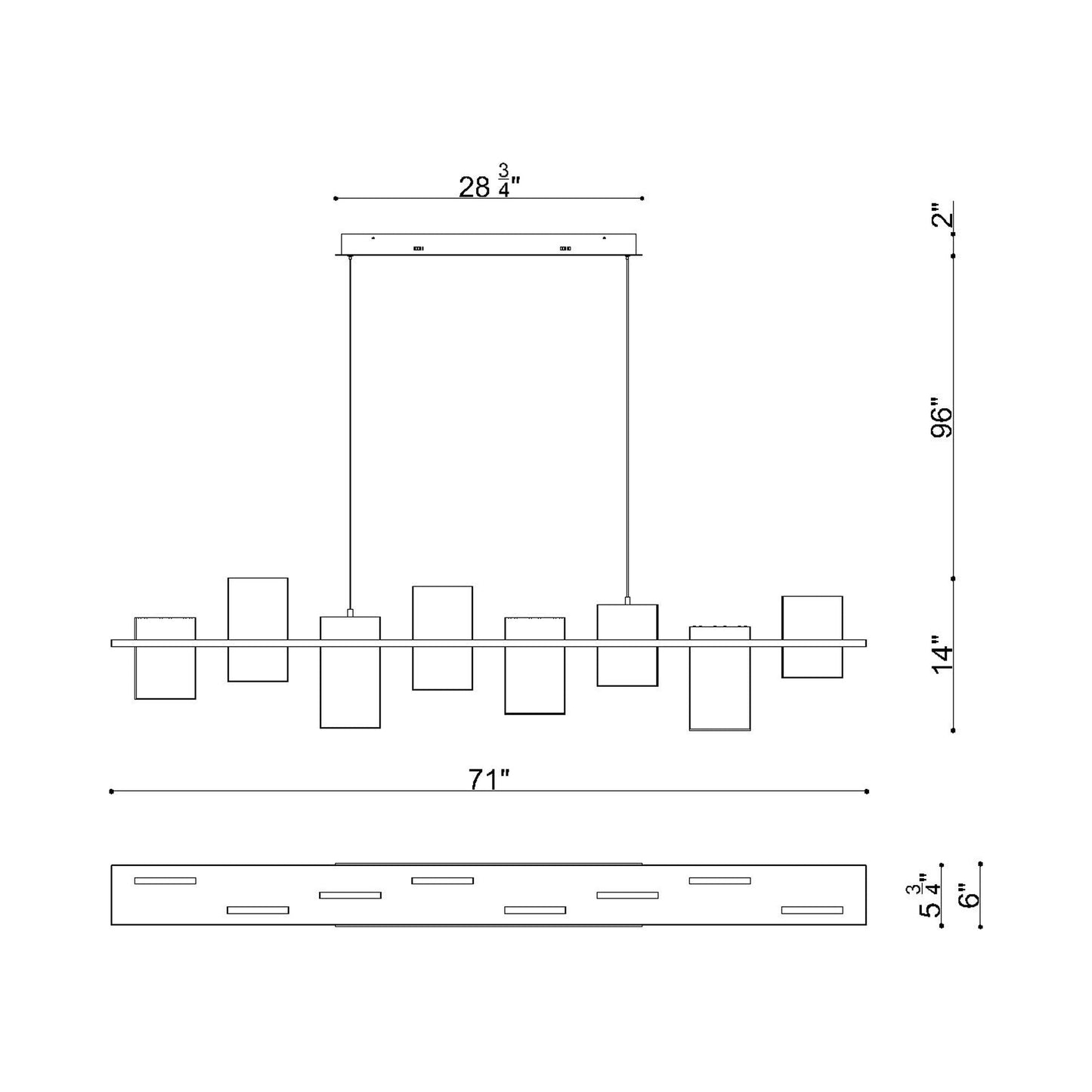 Affilato Linear LED Chandelier - line drawing.