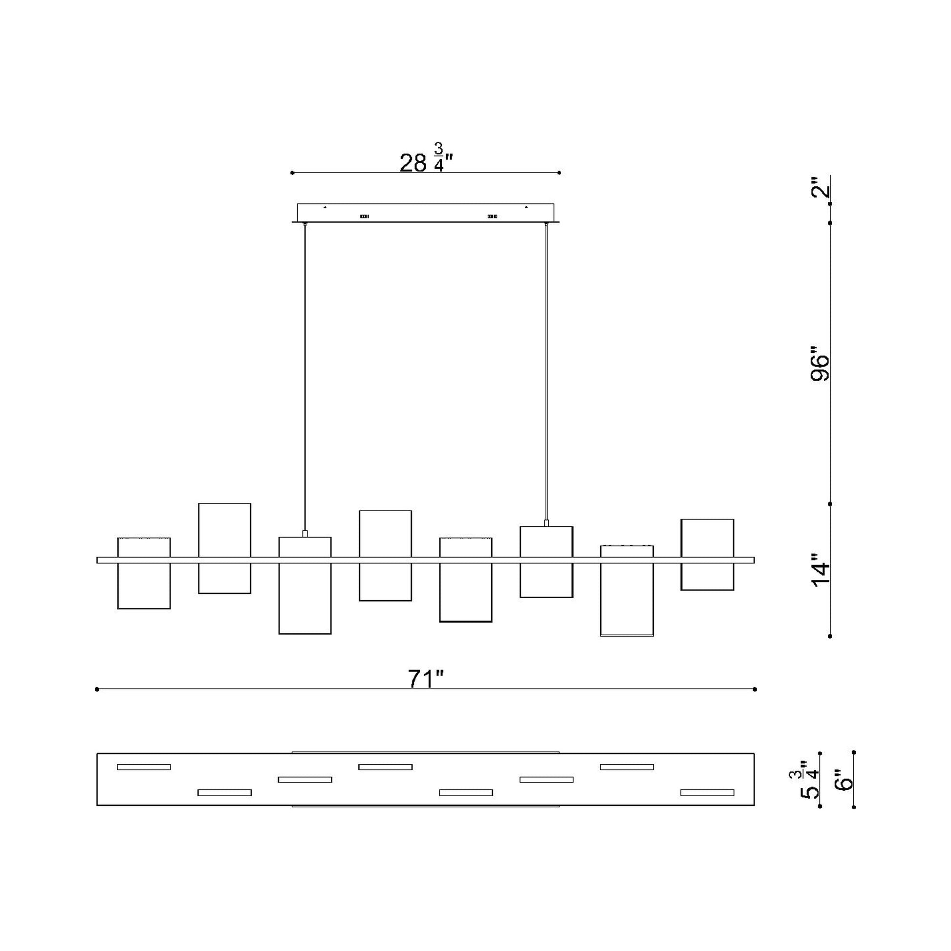 Affilato Linear LED Chandelier - line drawing.