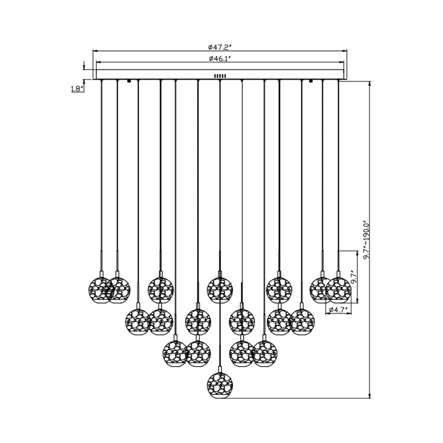 Baveno Grand LED Chandelier - line drawing.