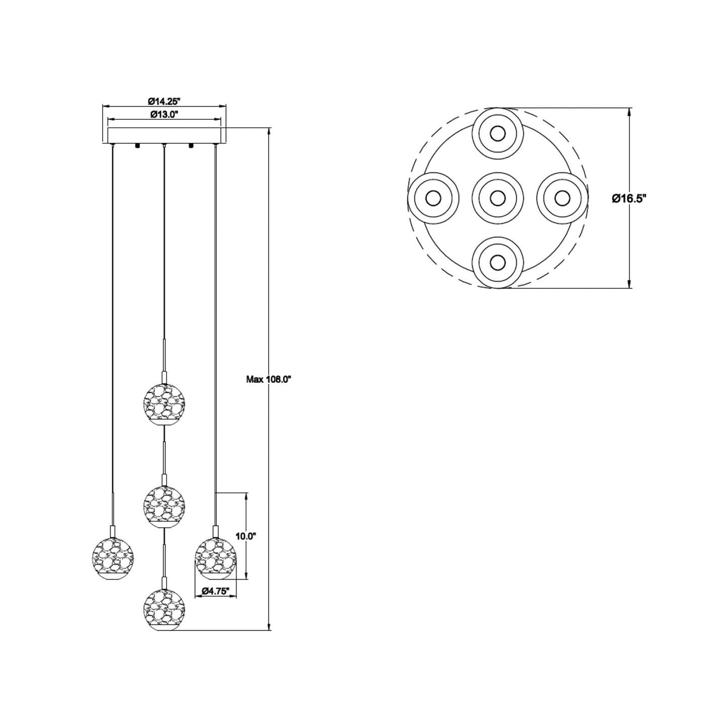 Baveno Multi Light LED Pendant Light - line drawing.
