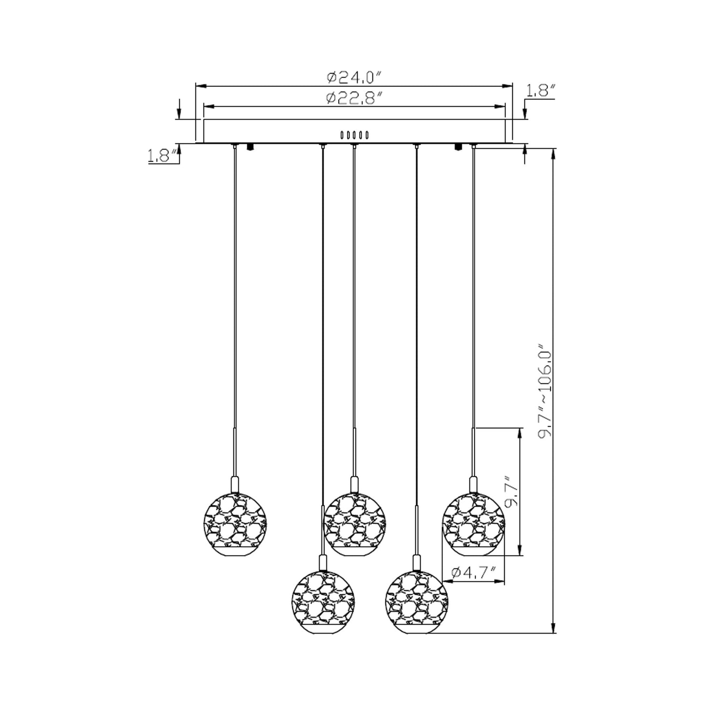 Baveno Multi Light LED Pendant Light - line drawing.