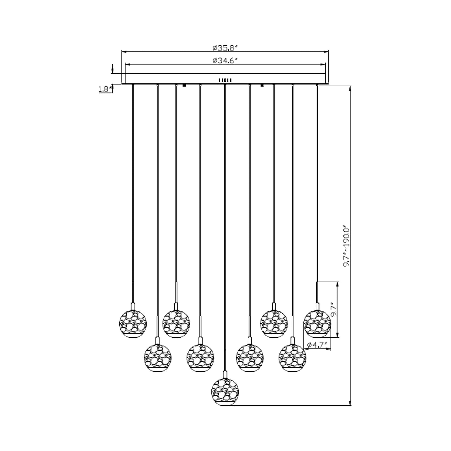 Baveno Multi Light LED Pendant Light - line drawing.
