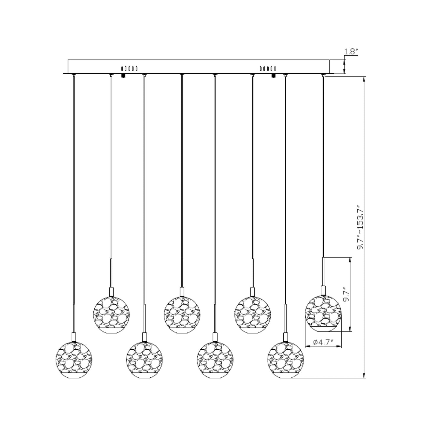 Baveno Rectangular LED Chandelier - line drawing.