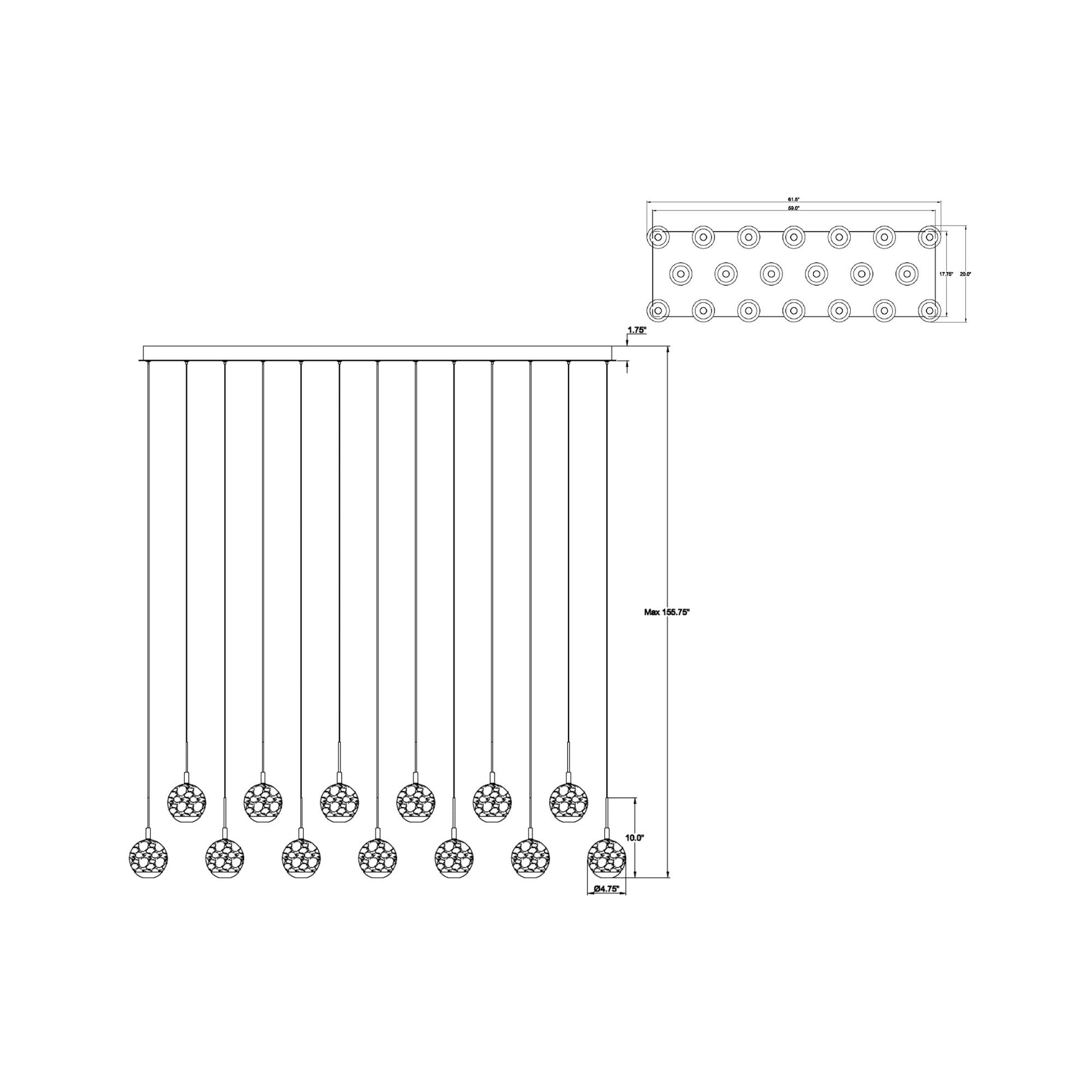 Baveno Rectangular LED Chandelier - line drawing.