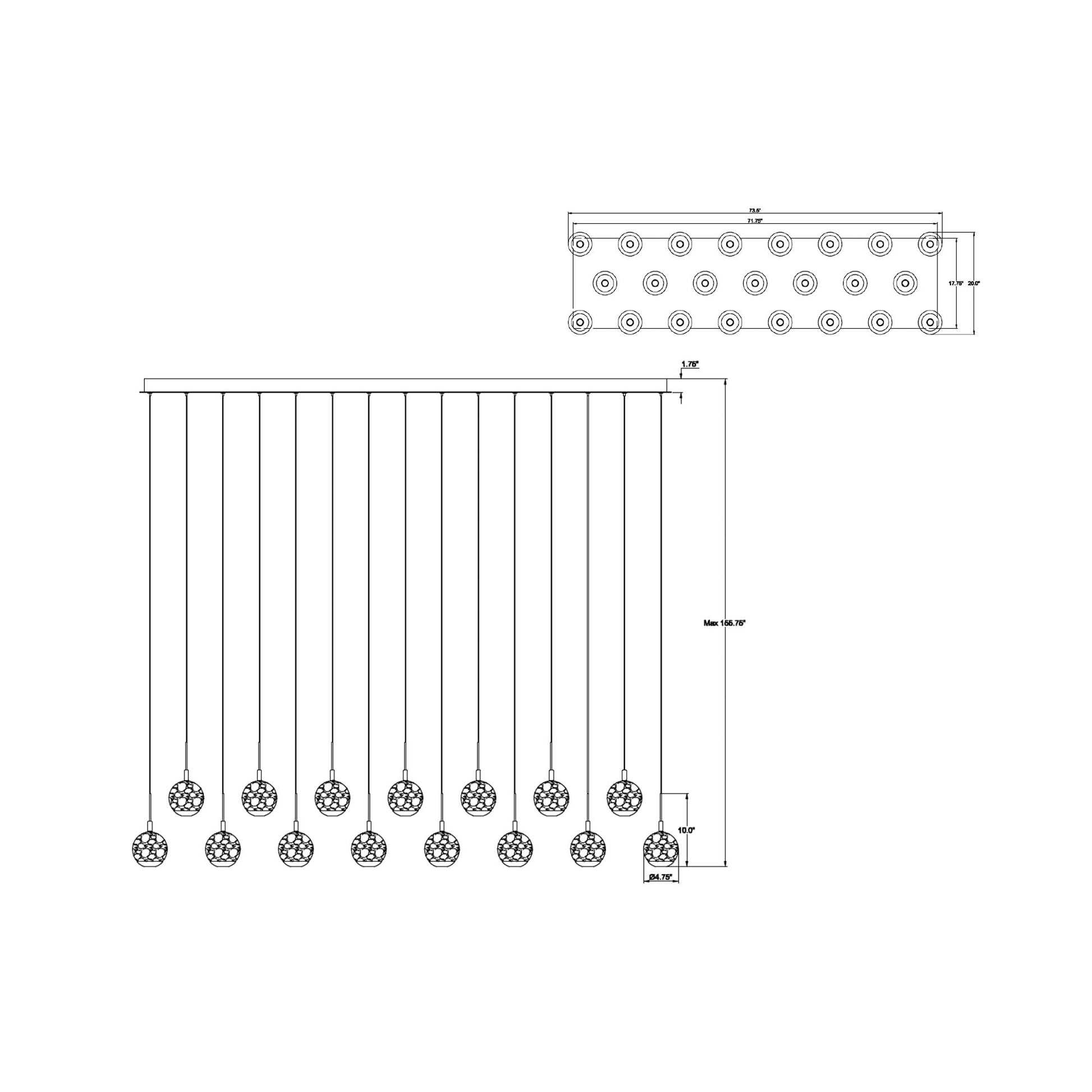 Baveno Rectangular LED Chandelier - line drawing.