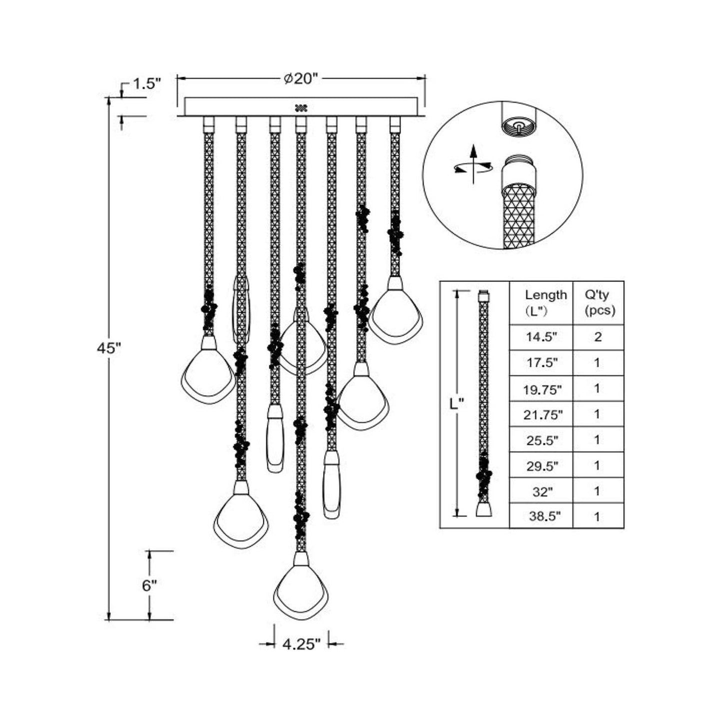 Bellissima LED Chandelier - line drawing.