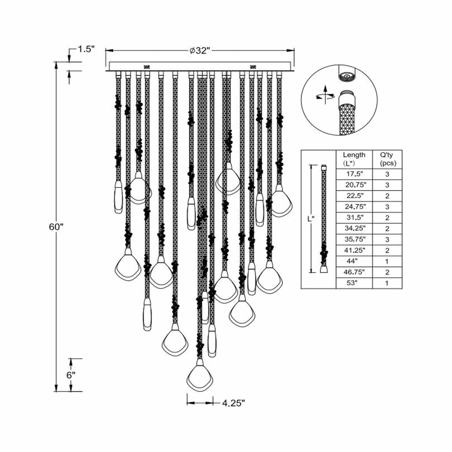 Bellissima LED Chandelier - line drawing.