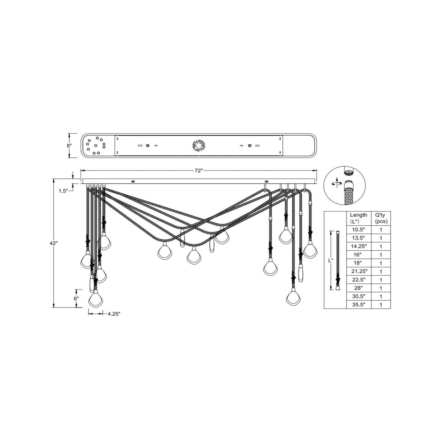 Bellissima Linear LED Chandelier - line drawing.