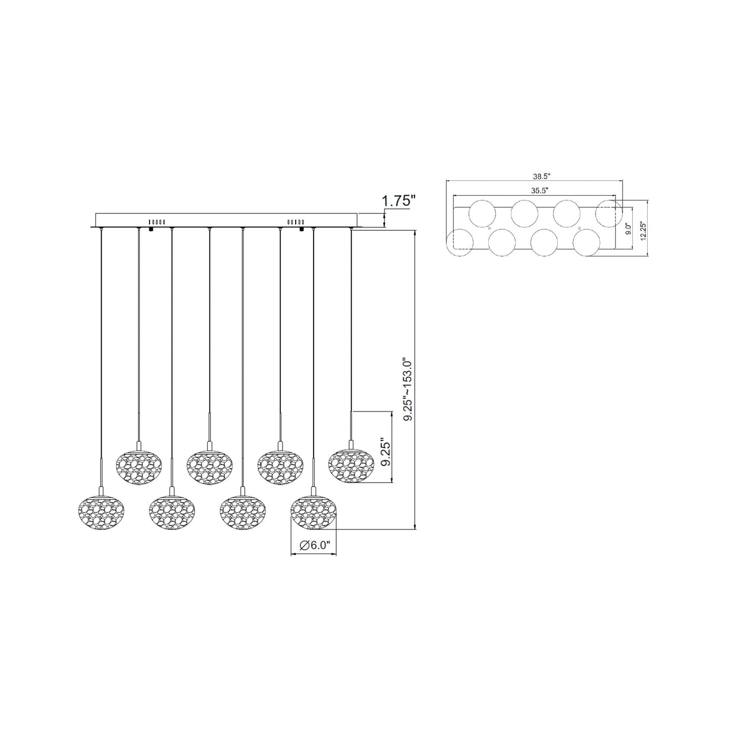 Calcolo Rectangular LED Chandelier - line drawing.
