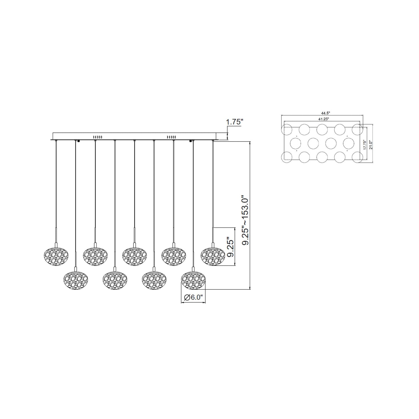 Calcolo Rectangular LED Chandelier - line drawing.