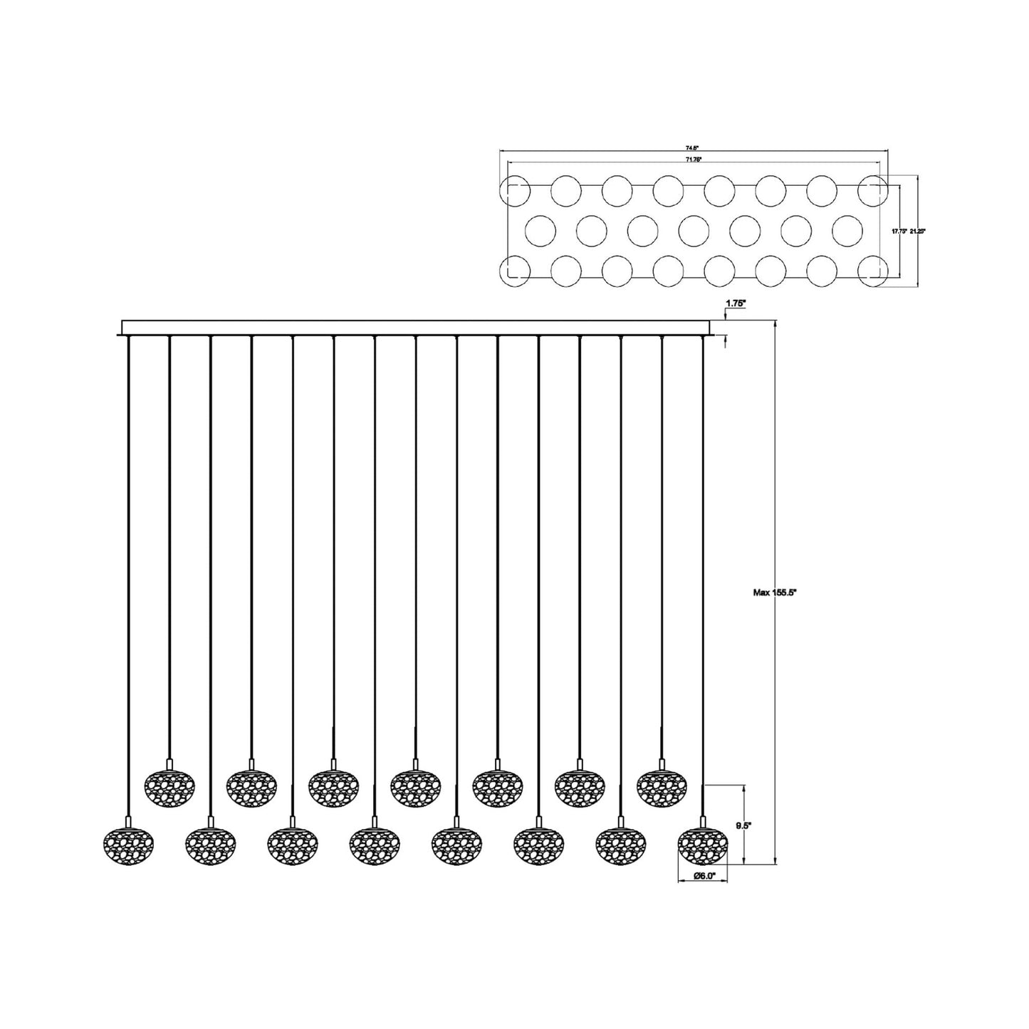 Calcolo Rectangular LED Chandelier - line drawing.