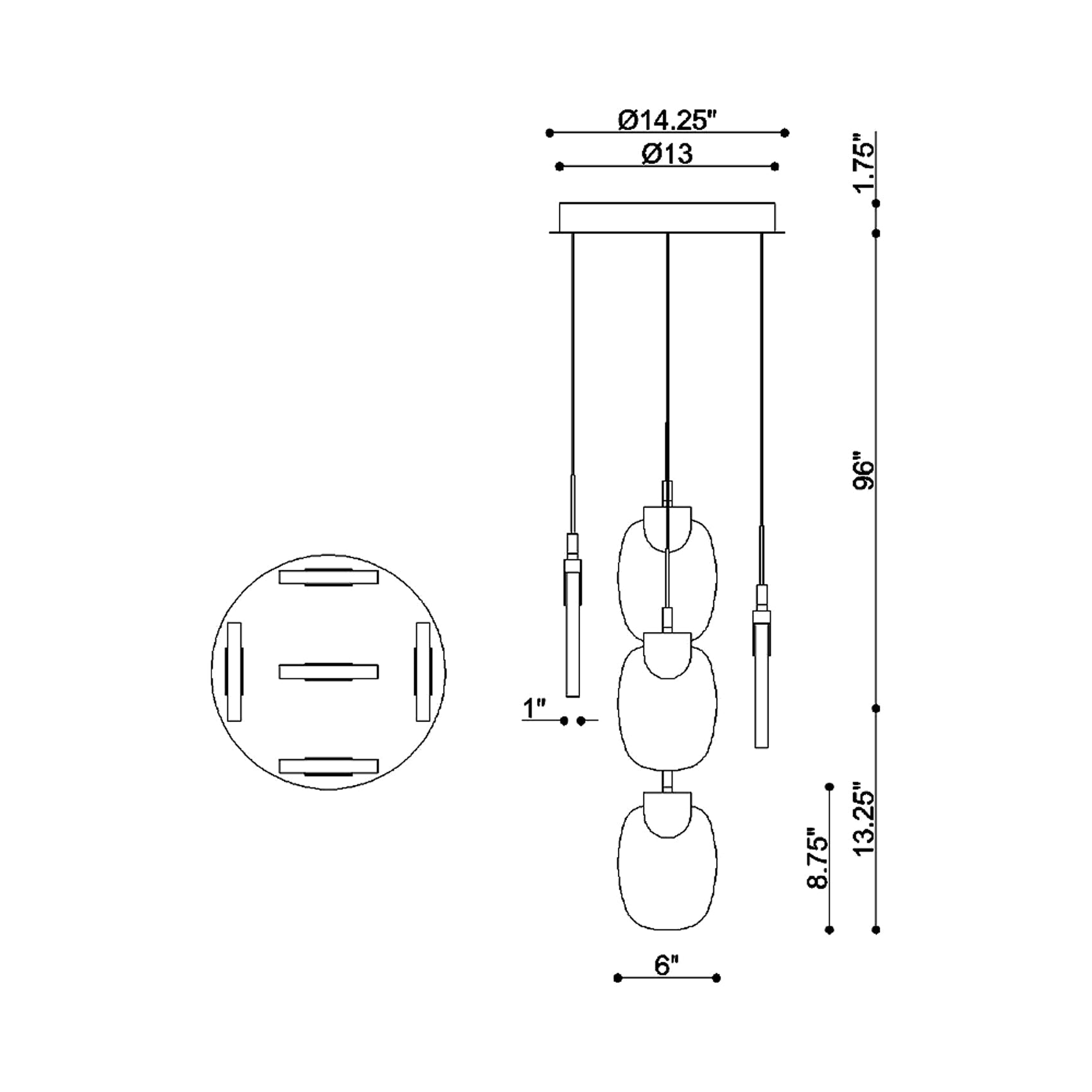 Castelo Multi Light LED Pendant Light - line drawing.