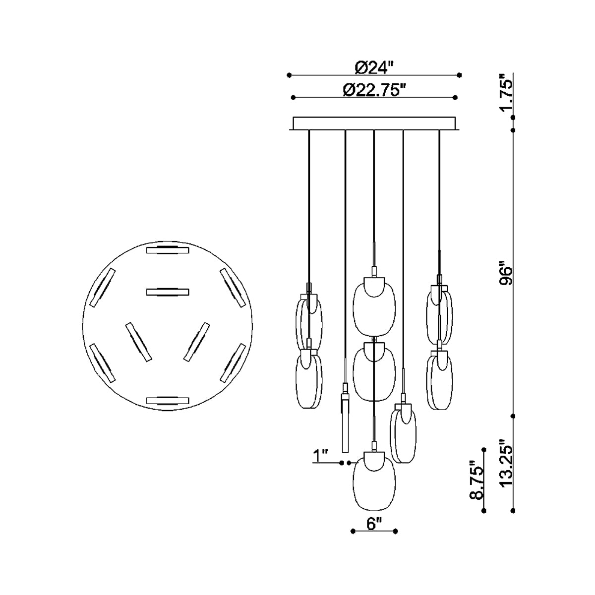 Castelo Multi Light LED Pendant Light - line drawing.