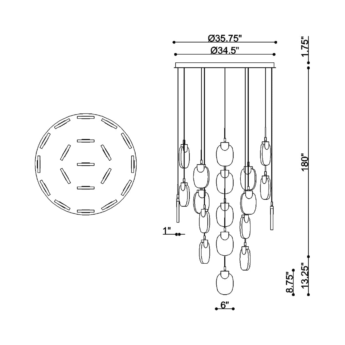Castelo Multi Light LED Pendant Light - line drawing.