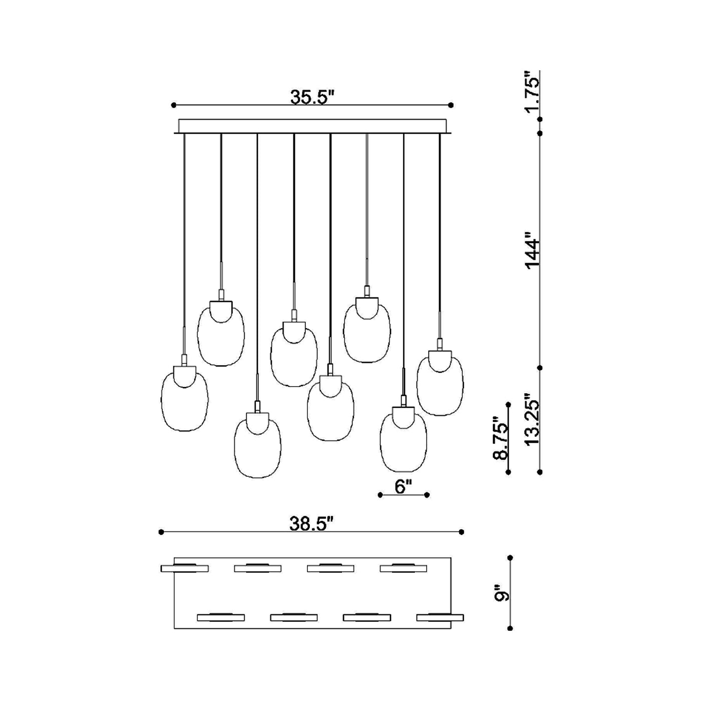 Castelo Rectangular LED Chandelier - line drawing.