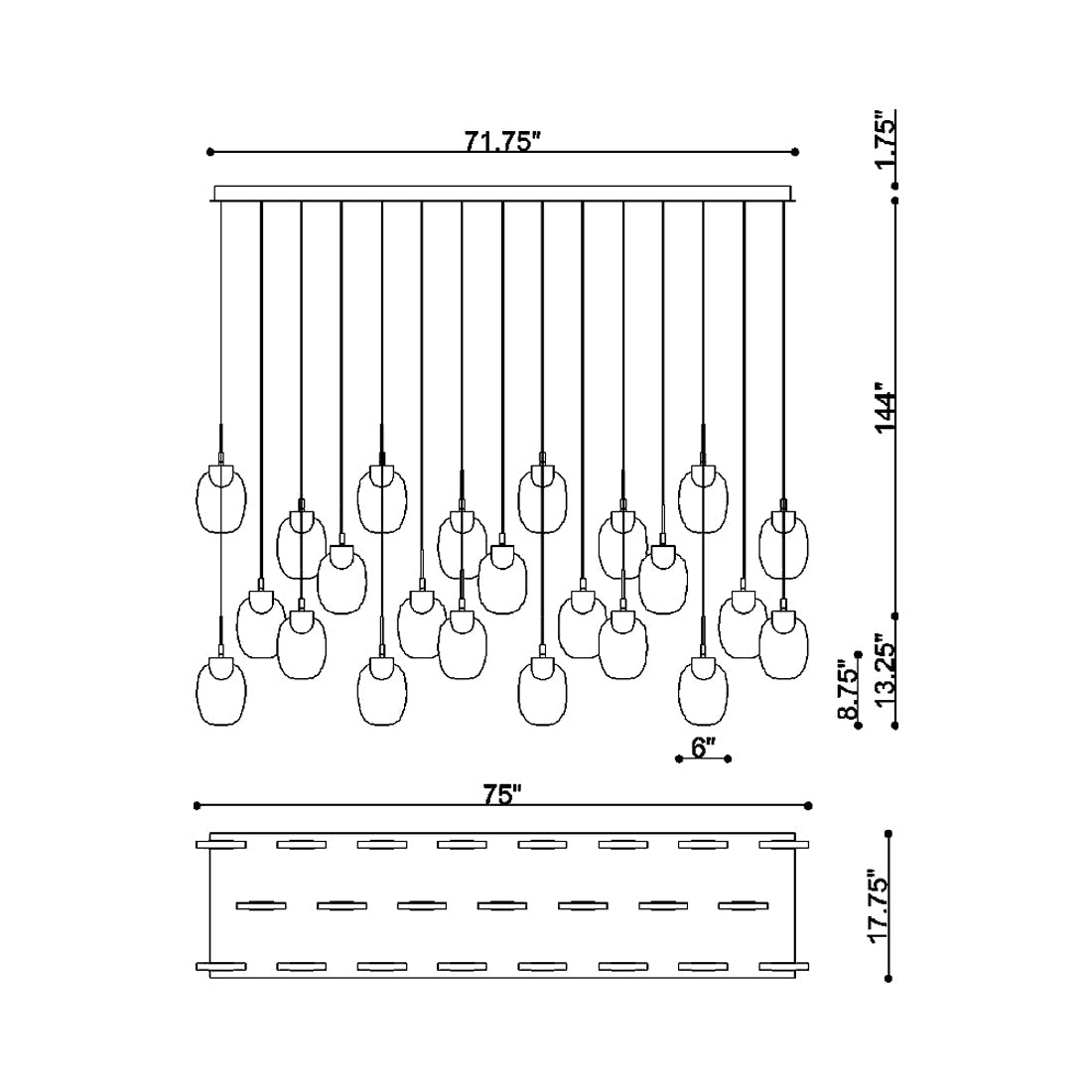 Castelo Rectangular LED Chandelier - line drawing.