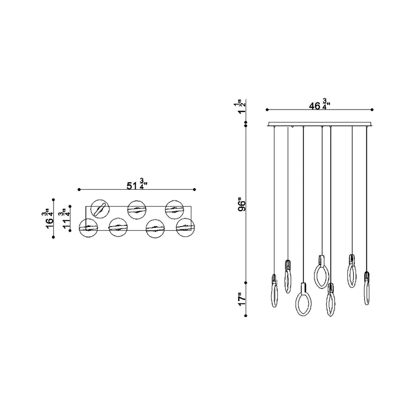 Catania Rectangular LED Chandelier - line drawing.