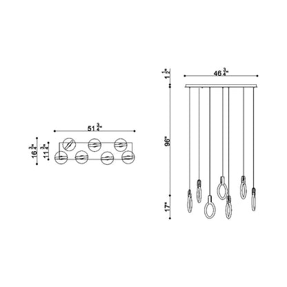 Catania Rectangular LED Chandelier - line drawing.