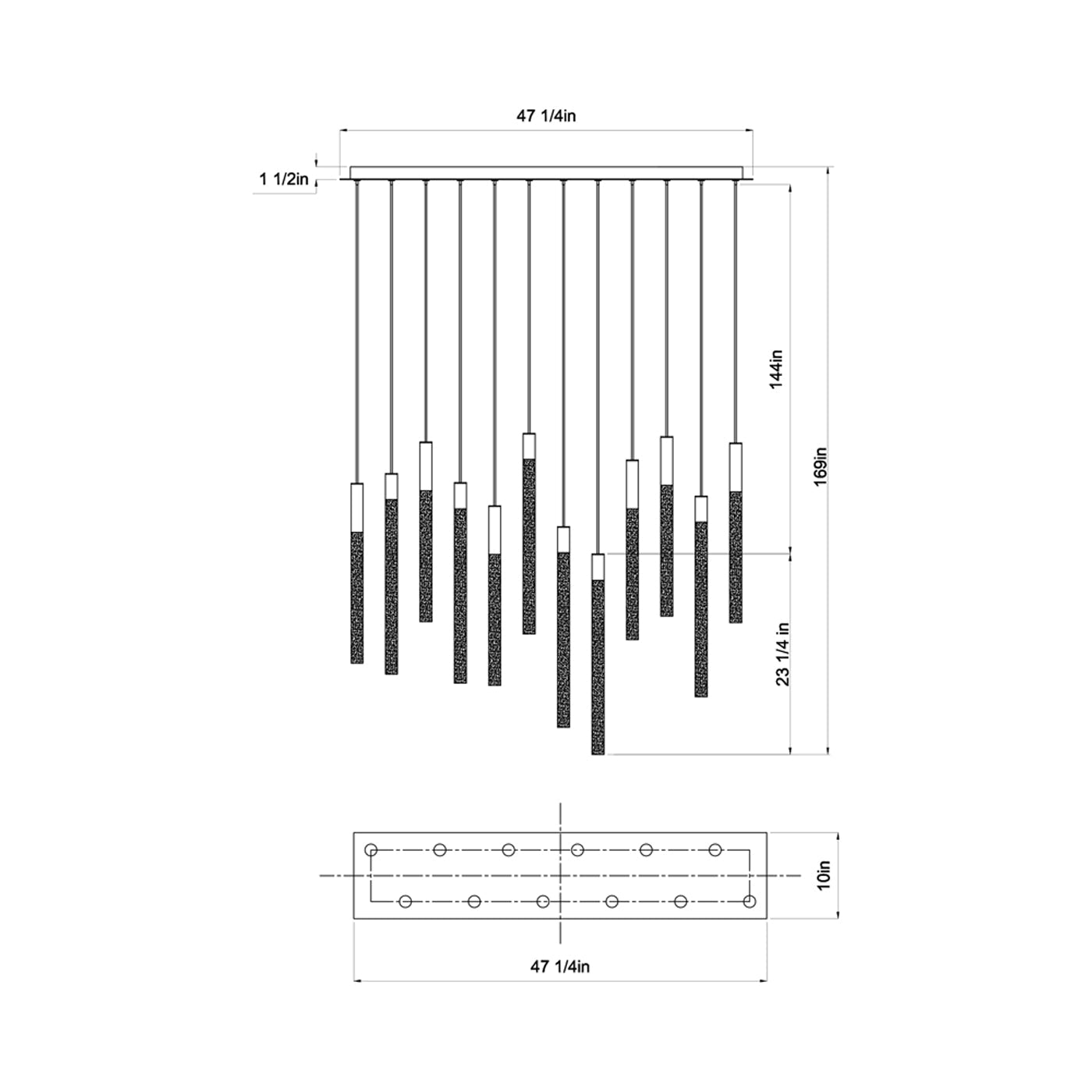 Gravina Rectangular LED Chandelier - line drawing.