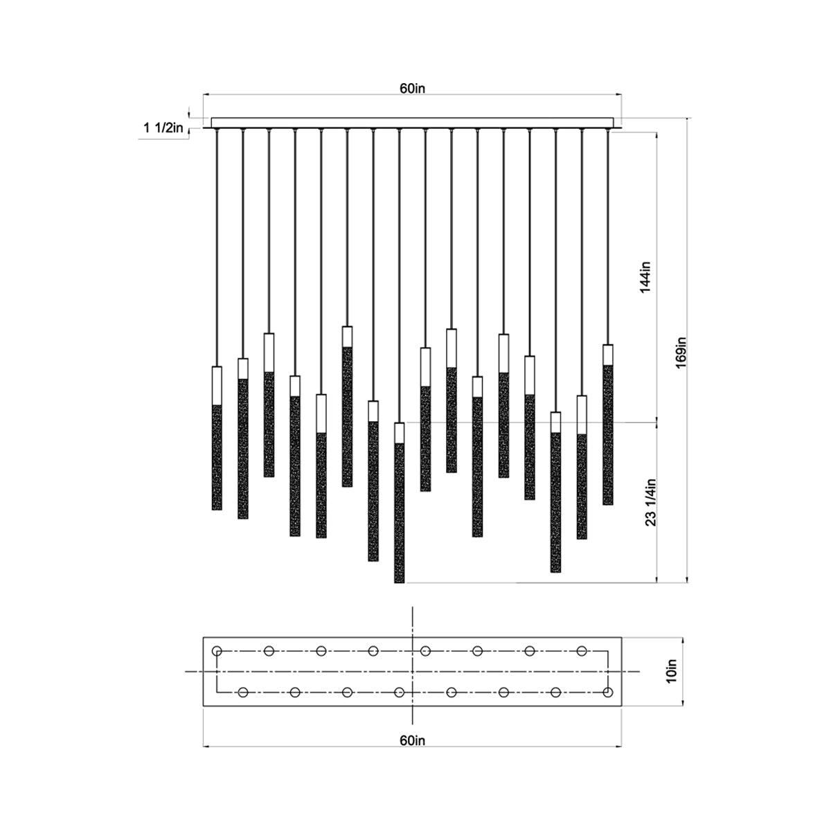 Gravina Rectangular LED Chandelier - line drawing.