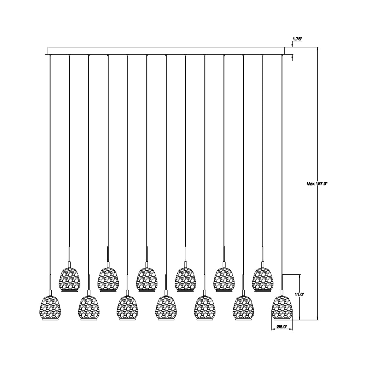 Lucidata Rectangular LED Chandelier - line drawing.