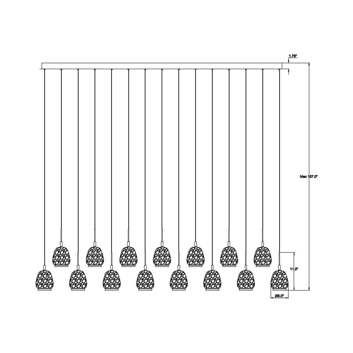 Lucidata Rectangular LED Chandelier - line drawing.