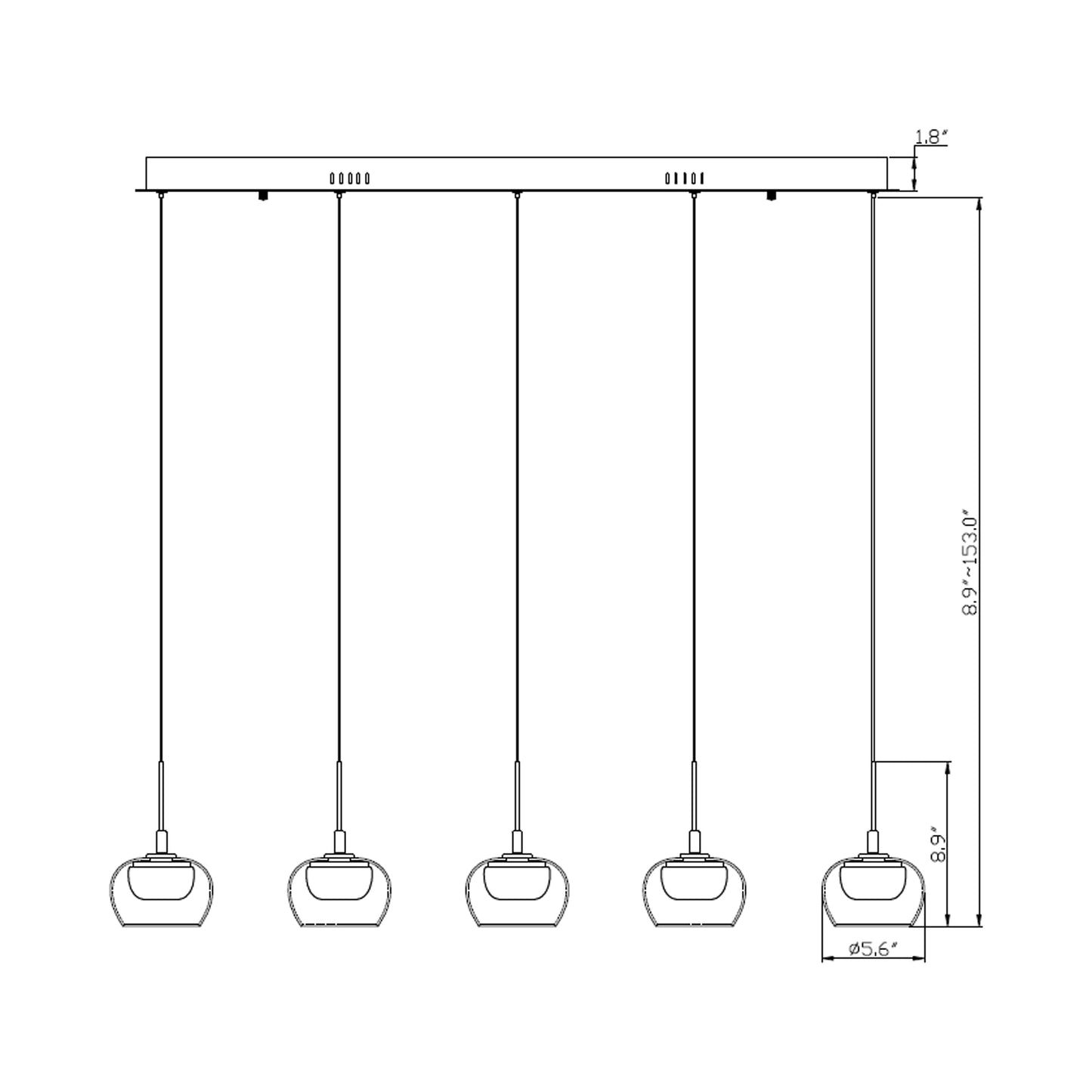 Manarola Linear LED Chandelier - line drawing.