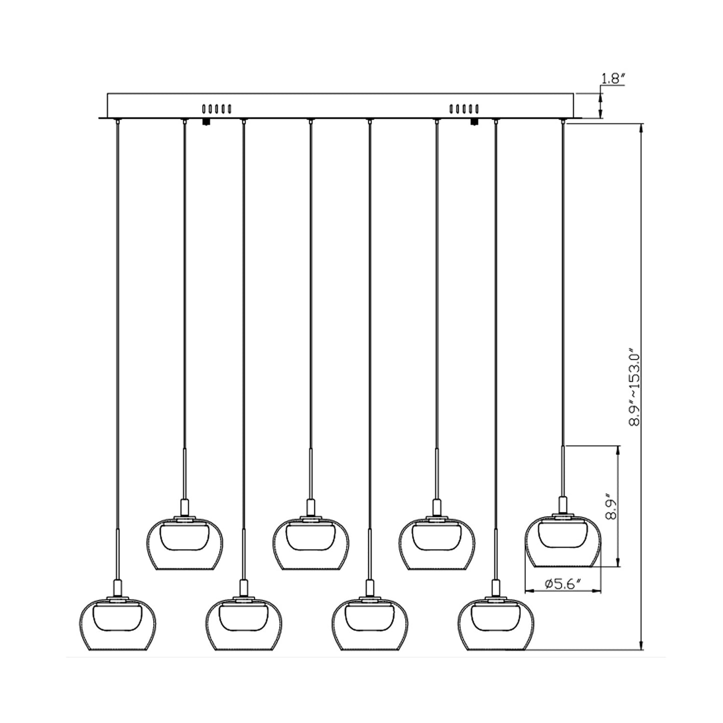 Manarola Rectangular LED Chandelier - line drawing.