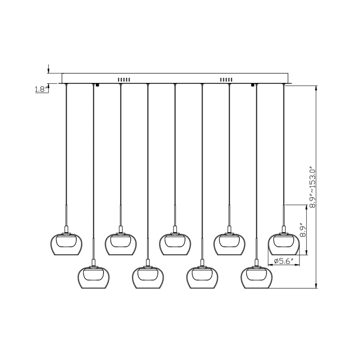 Manarola Rectangular LED Chandelier - line drawing.