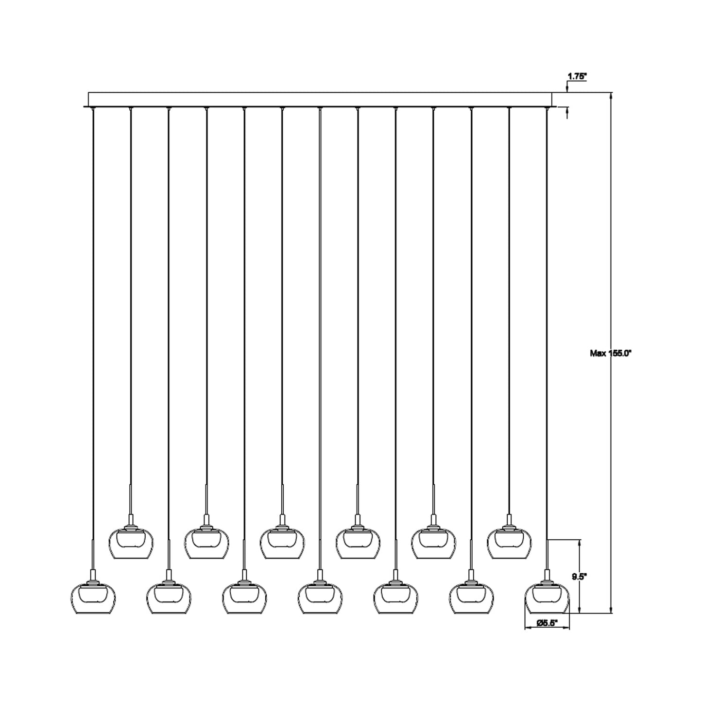 Manarola Rectangular LED Chandelier - line drawing.