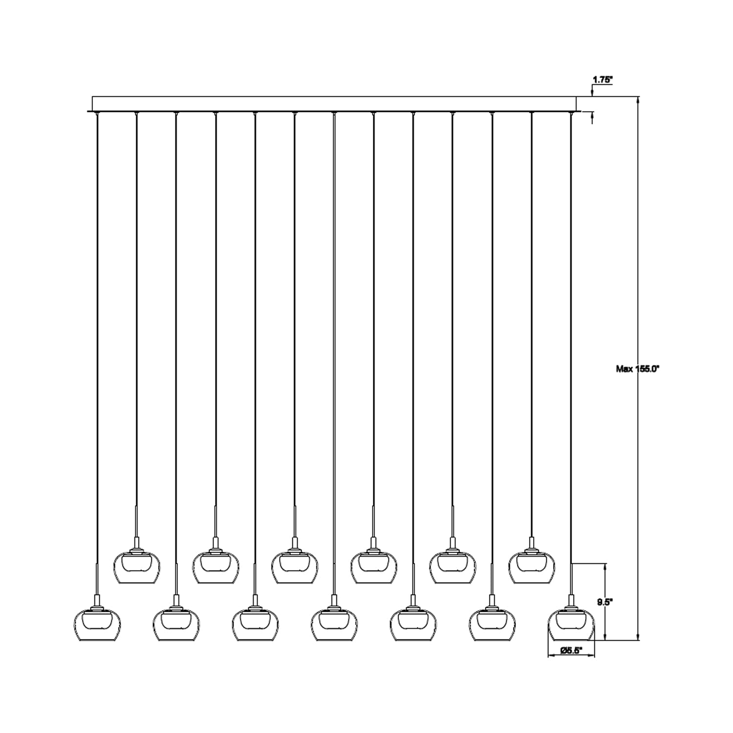 Manarola Rectangular LED Chandelier - line drawing.