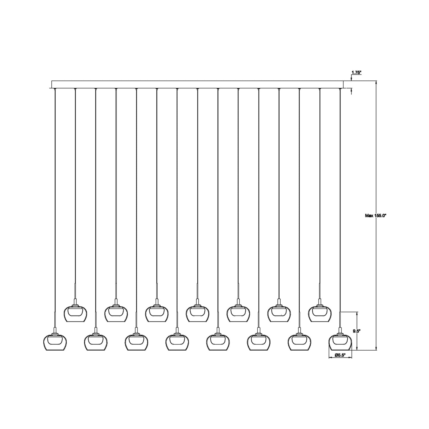 Manarola Rectangular LED Chandelier - line drawing.