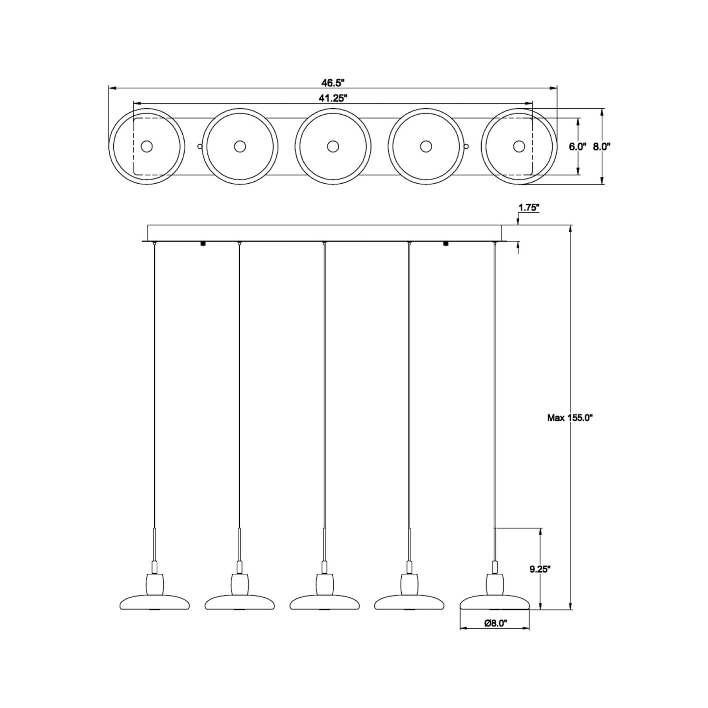 Mantova Linear LED Chandelier - line drawing.