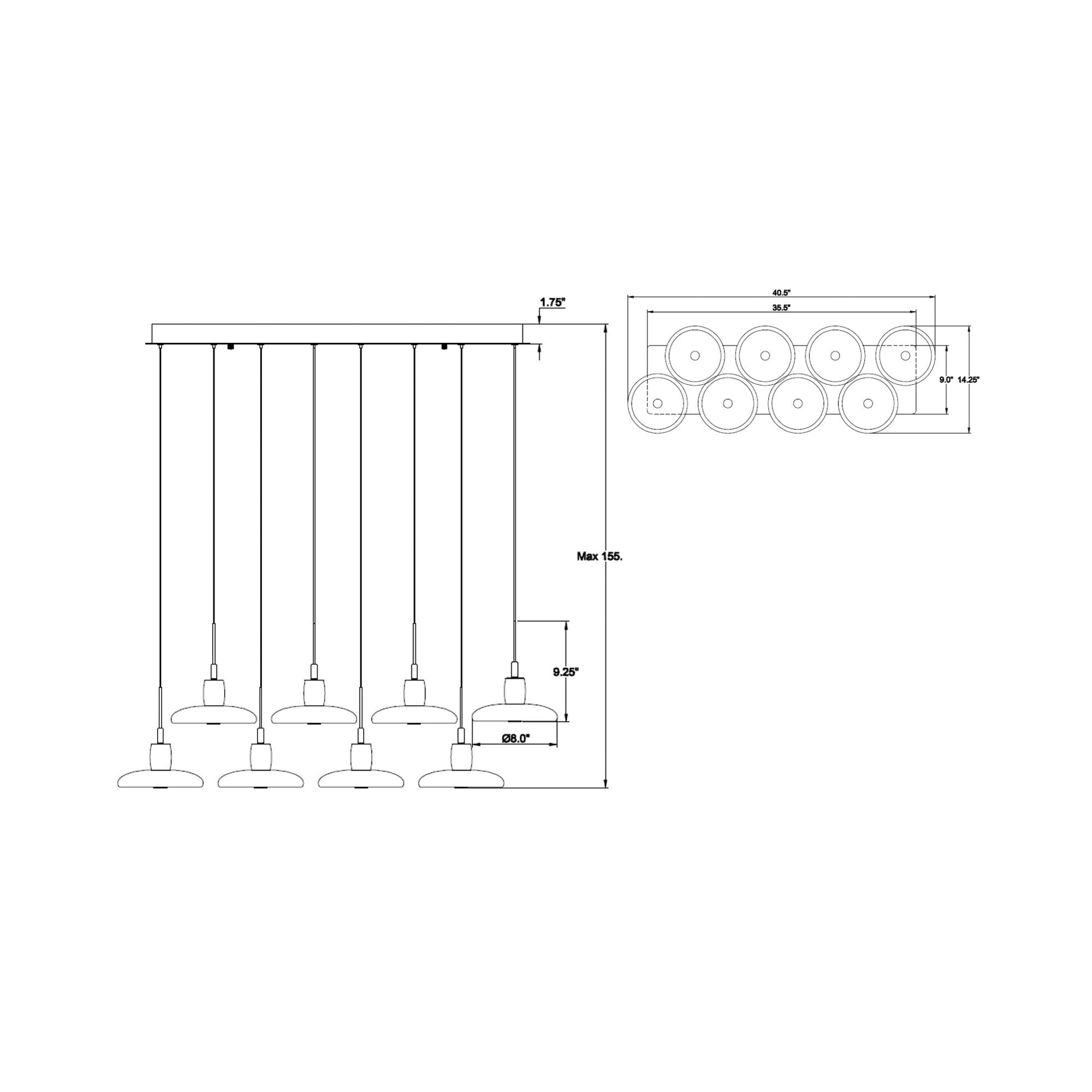 Mantova Rectangular LED Chandelier - line drawing.