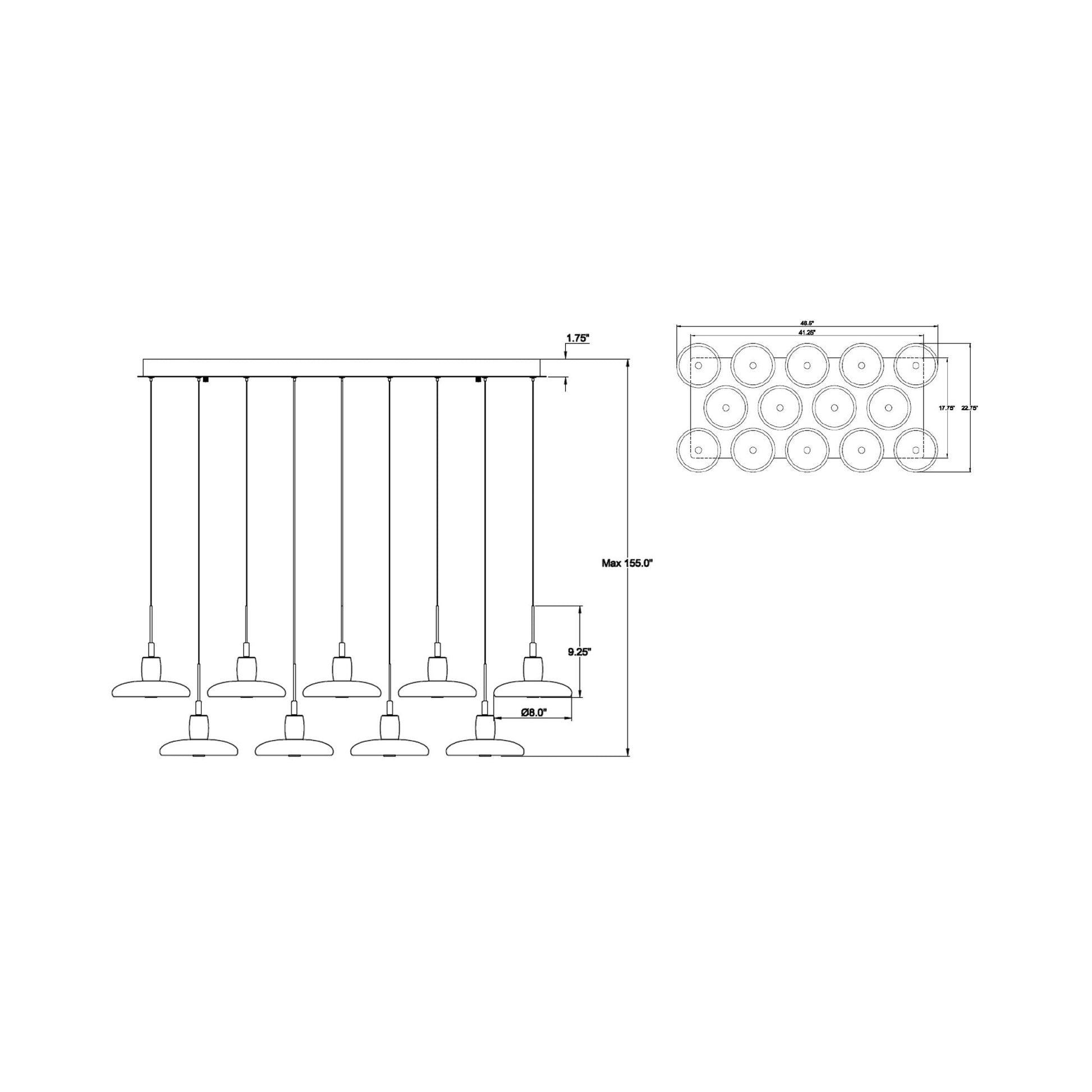 Mantova Rectangular LED Chandelier - line drawing.