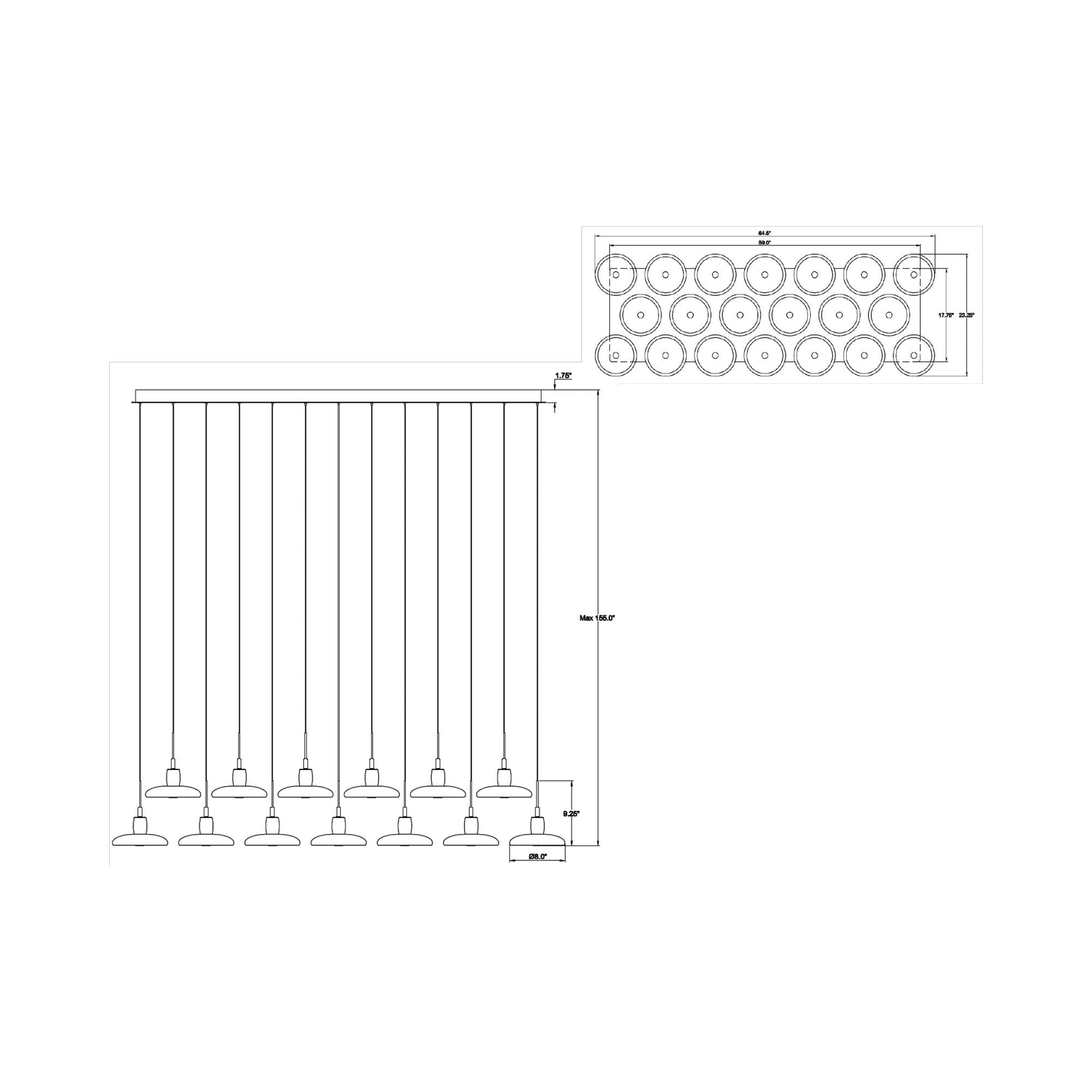 Mantova Rectangular LED Chandelier - line drawing.