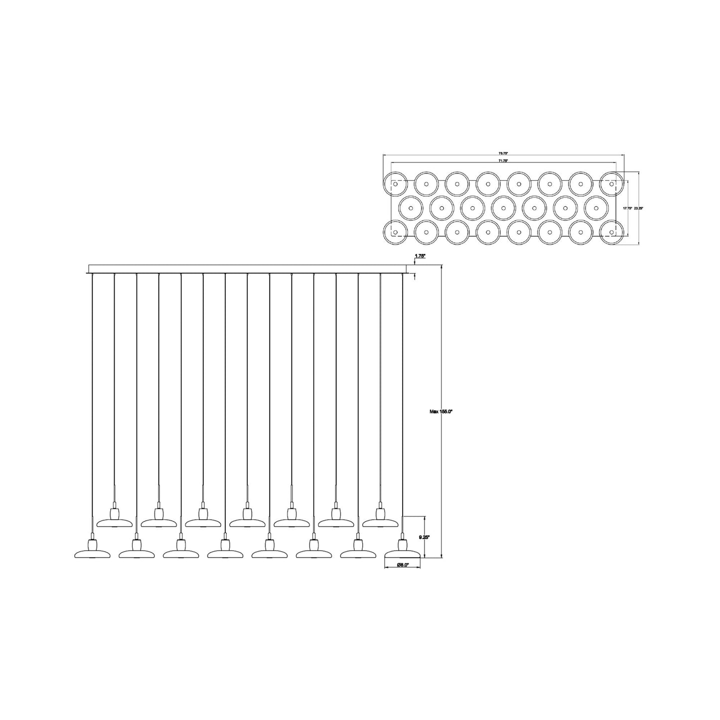 Mantova Rectangular LED Chandelier - line drawing.