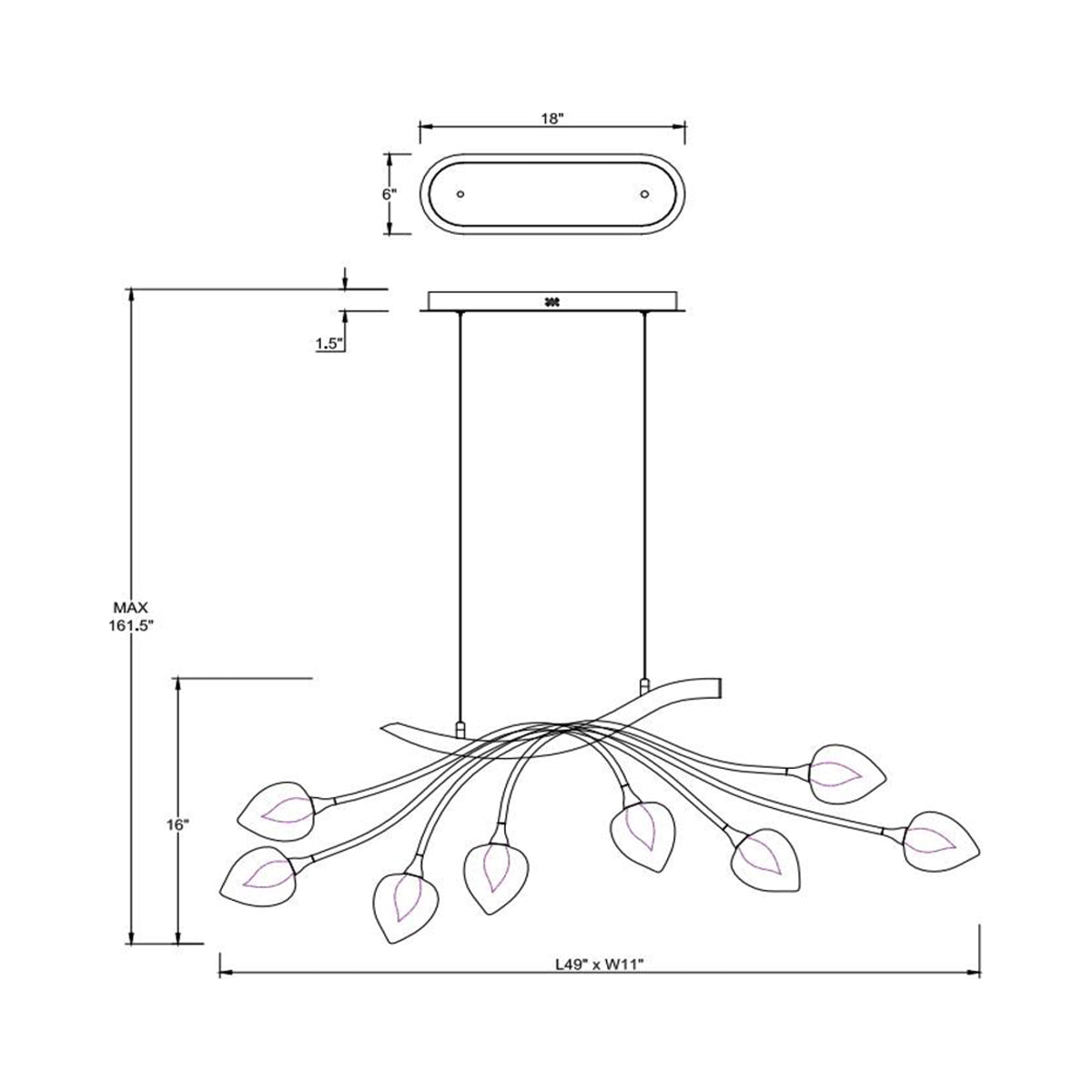 Modena Oval LED Chandelier - line drawing.