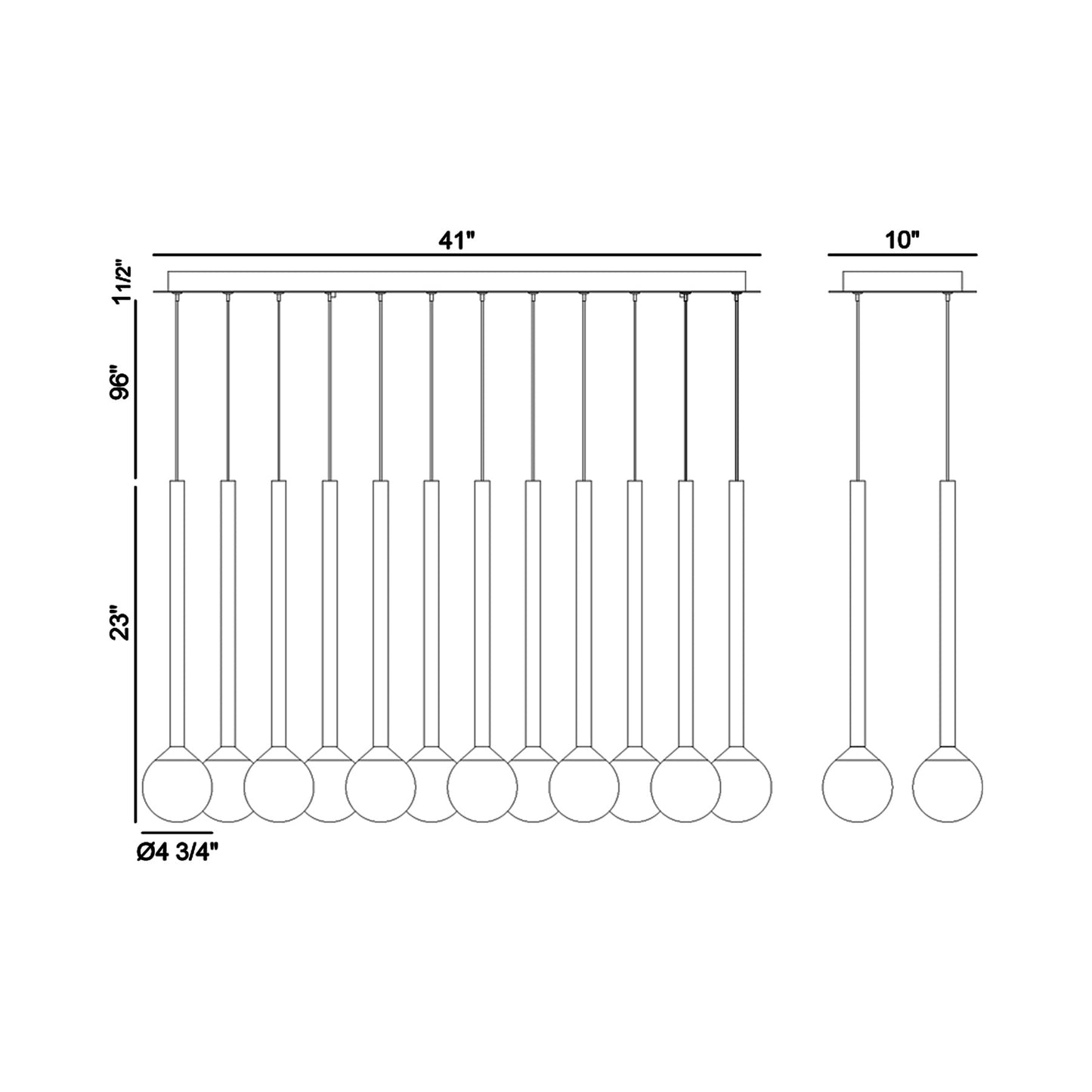Positano Linear LED Chandelier - line drawing.