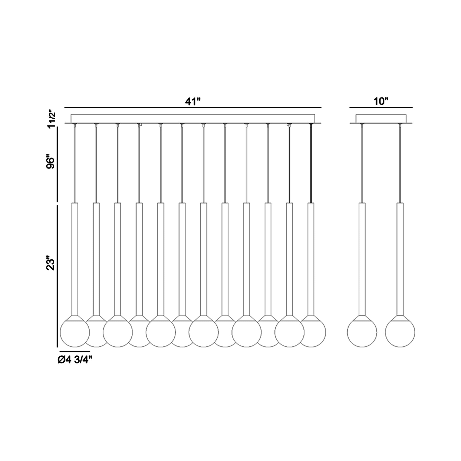 Positano Linear LED Chandelier - line drawing.