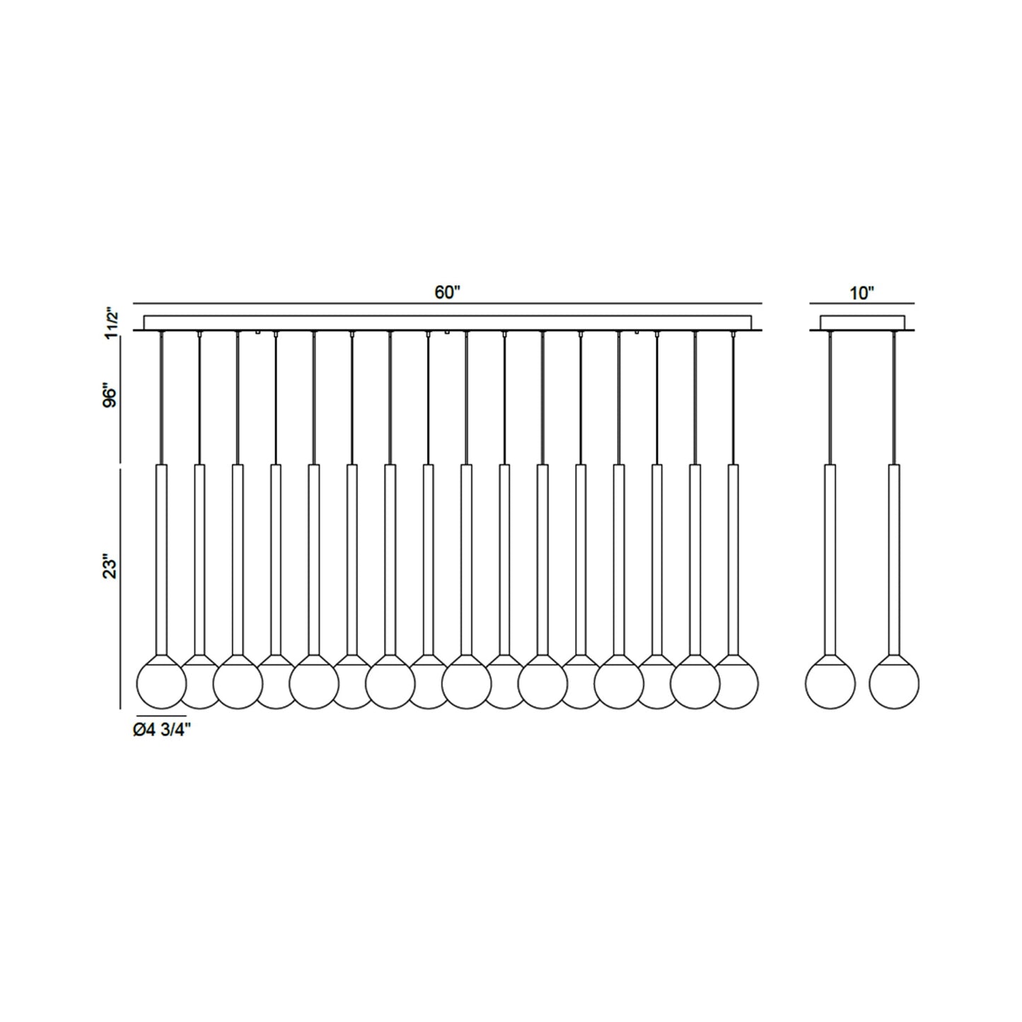 Positano Linear LED Chandelier - line drawing.