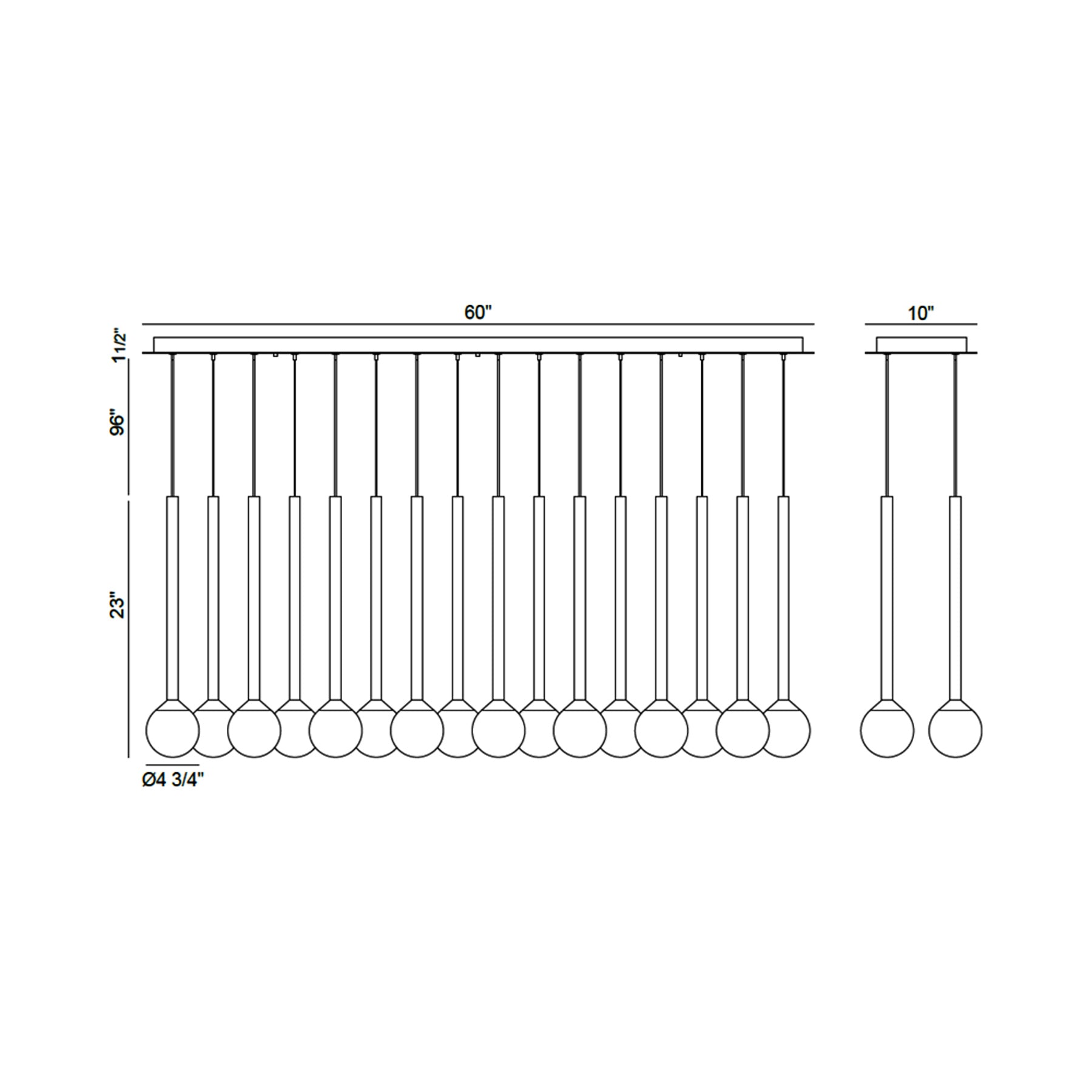 Positano Linear LED Chandelier - line drawing.