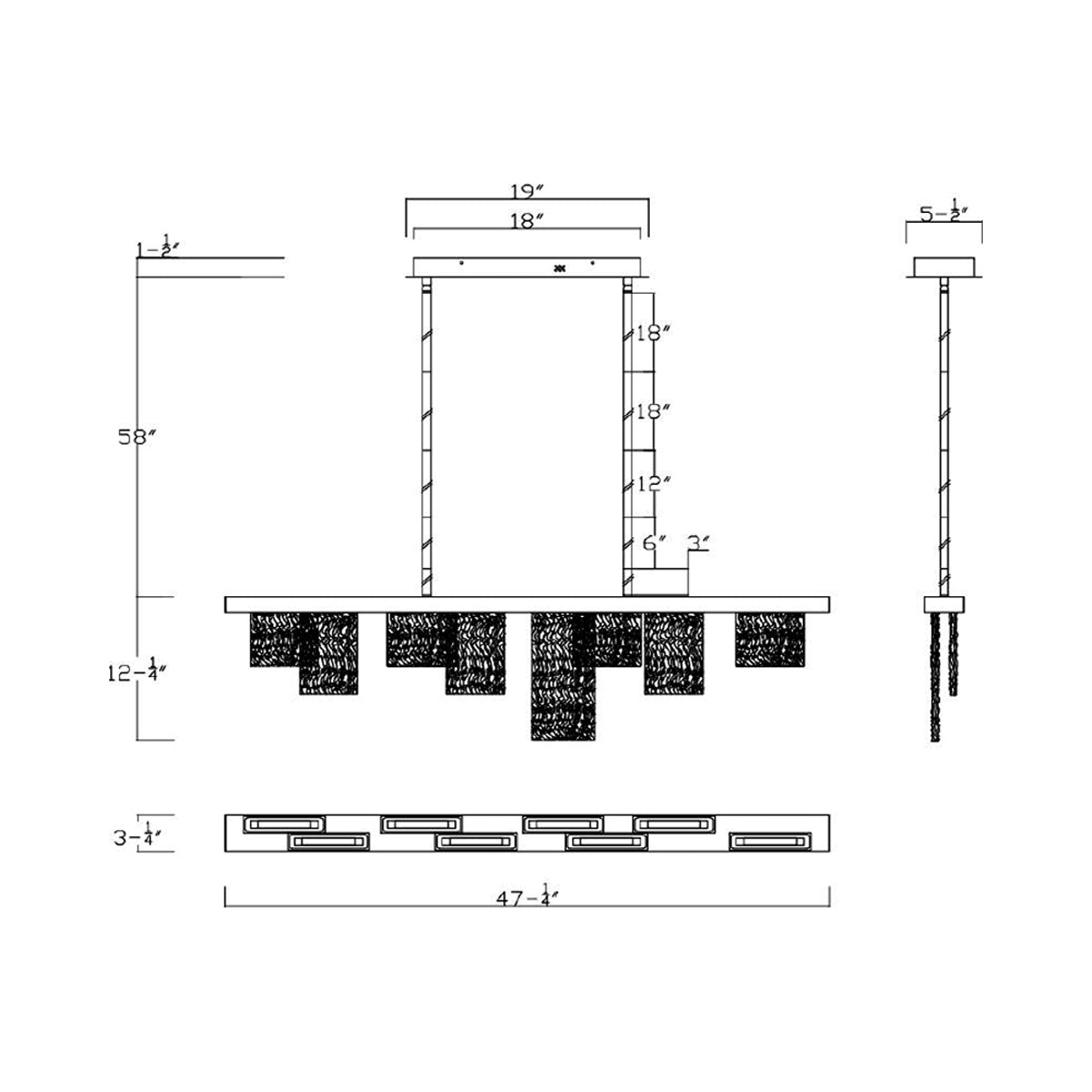 Siena Linear LED Chandelier - line drawing.